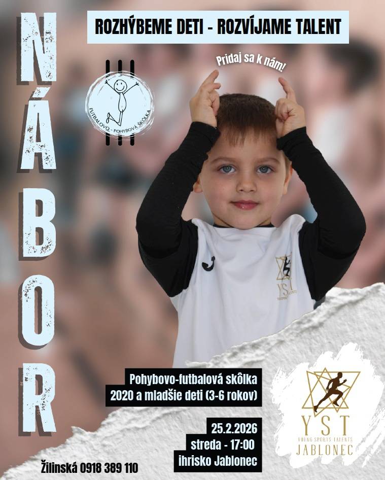 YST Jablonec otvára dvere všetkým deťom, ktoré milujú pohyb, zábavu a futbal.  Nábor sa koná v dňoch 25. a 26.2.2026 na ihrisku v Jablonci.