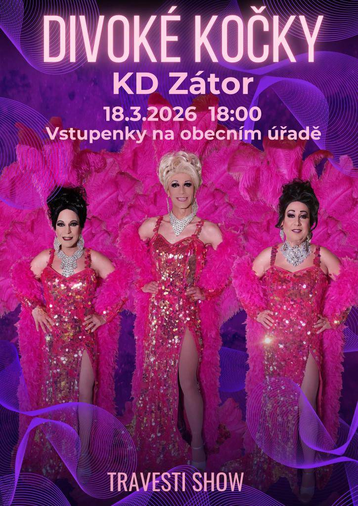 Zveme Vás na travesti show - Divoké kočky, která se uskuteční 18. března 2026 od 18:00. Vstupenky na tuto akci lze zakoupit od 2.3.2026 v pondělí a ve středu v úředních hodinách na obecním úřadě.
