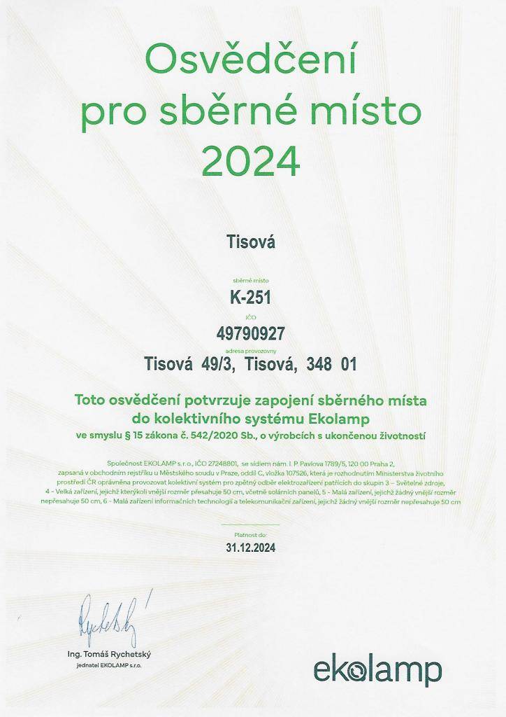 Co dělat se žárovkou, když dosvítí?   Přinést ji na obecní úřad, kde je zřízeno místo zpětného odběru světelných zdrojů a elektrických baterií.  Ostatní elektroodpad je možno odkládat ve sběrném dvoře.
