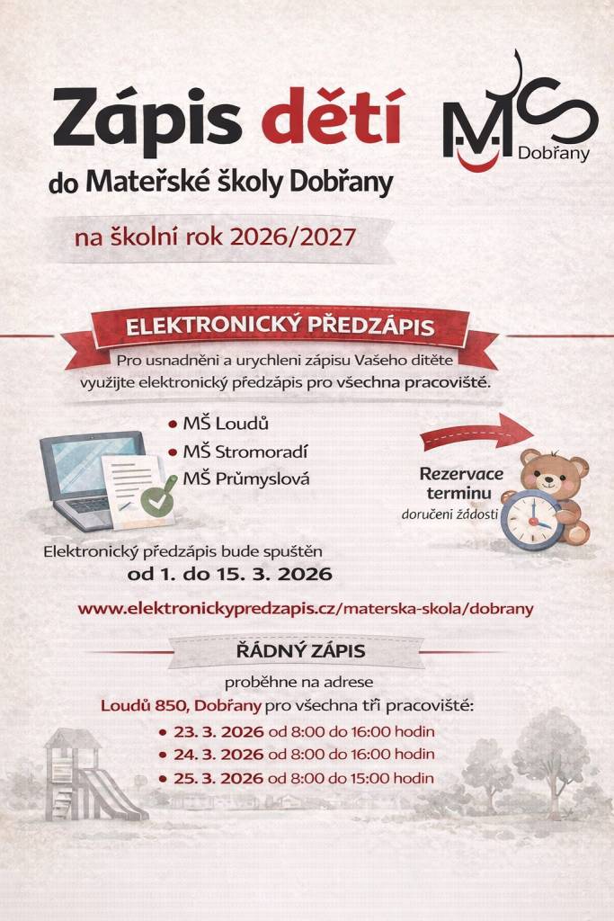 Elektronický předzápis bude spuštěn od 1. do 15. 3. 2026.  Řádný zápis proběhne ve dnech 23. - 25. 3. 2026.