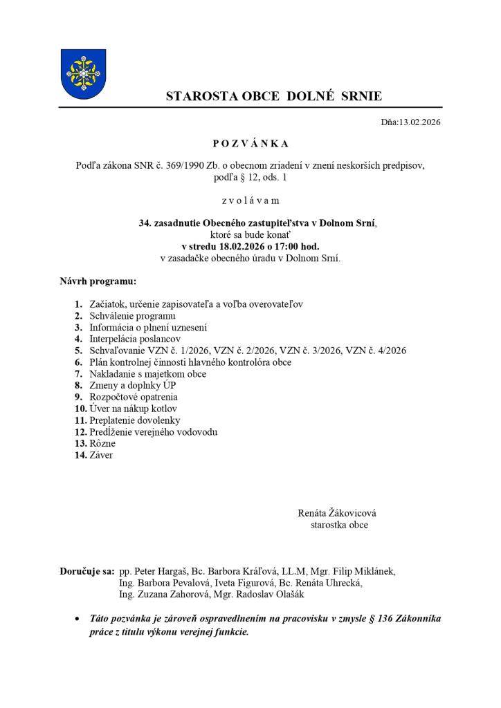 Pozvánka na 34. OZ dňa 18.02.2026, o 17:00 hod.