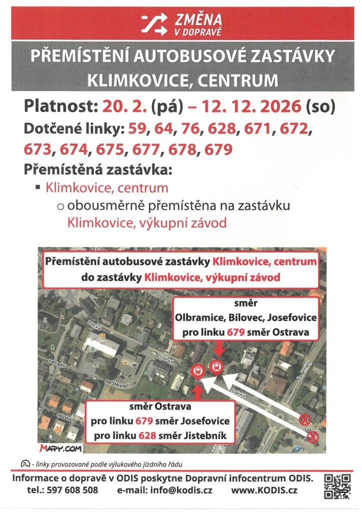 Přemístění autobusové zastávky Klimkovice, centrum