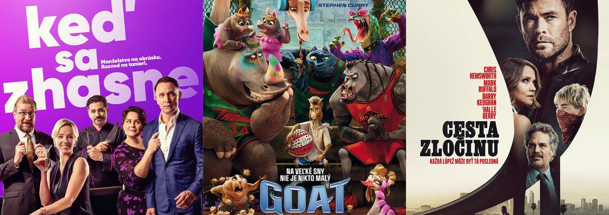 piatok 13., sobota 14. a nedeľa 15. o 19:00 h KEĎ SA ZHASNE (ukážka) Jedno manželstvo, ktoré drží pohromade už len predmanželská zmluva na servítke, štyria priatelia, sedem hriechov na menu a nespočetné množstvo vtipných situácií, ktoré to so sebou prináša. Keď sa sem navyše primieša vrchovatá dávka pomsty, štipka sprisahania a všetko zahustí nervozita zo slávnostného otvorenia novej reštaurácie, majú to hlavní aktéri poriadne zavarené. CZE, komédia, 96 min., originálna verzia, ⑫, násilie, vulgarizmy, závislosť, vstupné: 6 €; študenti a seniori 5 € (kúpiť lístok) sobota 14. a nedeľa 15. o 15:00 h GOAT (ukážka) Mladý Will má veľký sen – stať sa hviezdou drsnobalu, populárnej zvieracej verzie basketbalu, kde dominujú rýchli a silní hráči ako jaguáre či medvede. Je to však cap a pre zviera jeho veľkosti nie je v tomto tvrdohlavom športe miesto. Keď sa mu nečakane naskytne šanca pridať sa k svojmu obľúbenému tímu, neváha. Lenže získať si rešpekt ostatných nie je ľahké. Will musí prekonať predsudky, ukázať nevídanú odvahu a dokázať, že aj ten najmenší hráč môže zohrať veľkú úlohu. USA, animovaný, 100 min., slovenský dabing, ⑦, vstupné: 6 €; deti, študenti a seniori 5 € (kúpiť lístok) sobota 14. a nedeľa 15. o 16:30 h CESTA ZLOČINU (ukážka) Chris Hemsworth sa v novom akčnom thrilleri predstaví ako Davis, nepolapiteľný zlodej šperkov stojaci pred najväčšou lúpežou svojho života. Do jeho života sa totiž nečakane pripletie poisťovacia maklérka Sharon (Halle Berry), ktorej klienti patria medzi najbohatšiu elitu spoločnosti, čo Davis prirodzene musí využiť. Kým sa však pripravuje na dokonalú akciu, netuší, že po jeho stopách ide neúprosný detektív (Mark Ruffalo), odhodlaný legendárneho zlodeja chytiť za každú cenu. Hranica medzi lovcom a korisťou sa postupne stiera a Davis si začína uvedomovať, že tento kšeft môže byť jeho posledným... USA, akčný, 135 min., slovenské titulky, ⑮, vulgarizmy, násilie, vstupné: 6 €; študenti a seniori 5 € (kúpiť lístok)