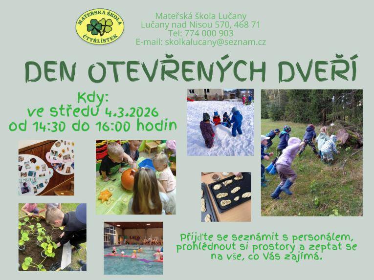 Srdečně zveme všechny rodiče s dětmi do naší MŠ na Den otevřených dveří. Přijďte se seznámit s personálem, s prostory a vybavením MŠ a zeptejte se na vše, co Vás zajímá!  Více viz plakát...