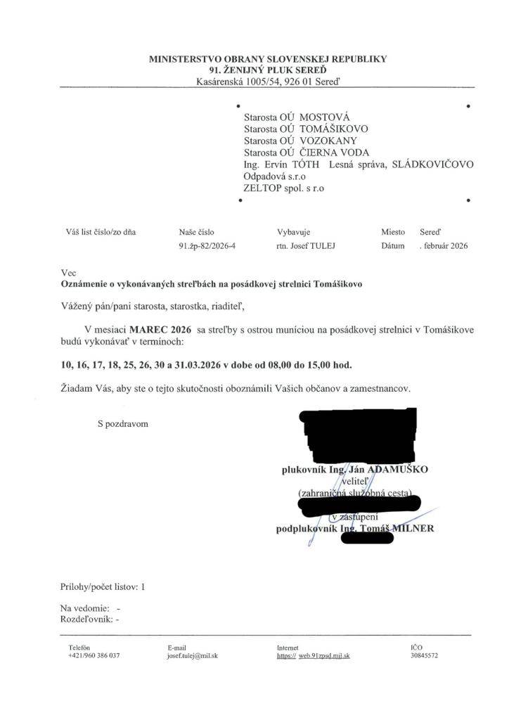 Oznámenie o vykonaní výcviku na strelnici v Tomášikove - streľby s ostrou muníciou - marec 2026