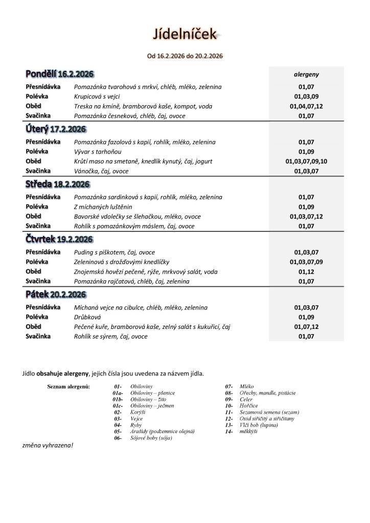Jídelníček základní školy platný v týdnu od 16. do 20.2.2026