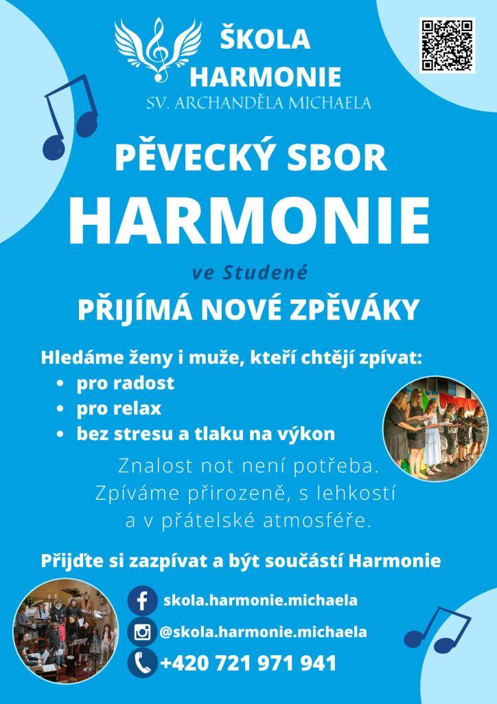Pěvecký sbor Harmonie přijímá nové zpěváky, kteří chtějí zpívat pro radost a relaxaci. Přijďte se k nám připojit a užít si zpívání v přátelské atmosféře. Znalost not není potřeba, zpíváme s lehkostí.