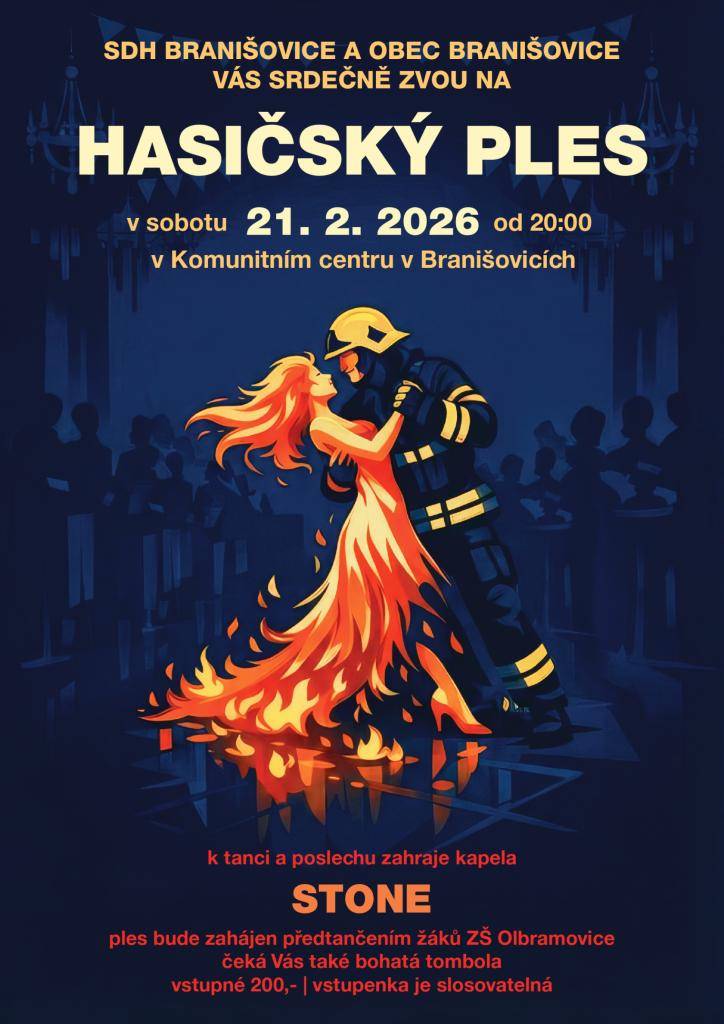Sbor dobrovolných hasičů Branišovice a obec Branišovice Vás srdečně zvou na Hasičský ples, který se koná v sobotu 21.2.2026 od 20:00 v sále KC. K tanci a poslechu zahraje kapela STONE. Ples bude již tradičně zahájen předtančením žáků ZŠ Olbramovice. Čeká Vás bohatá tombola, vstupné 200 Kč.