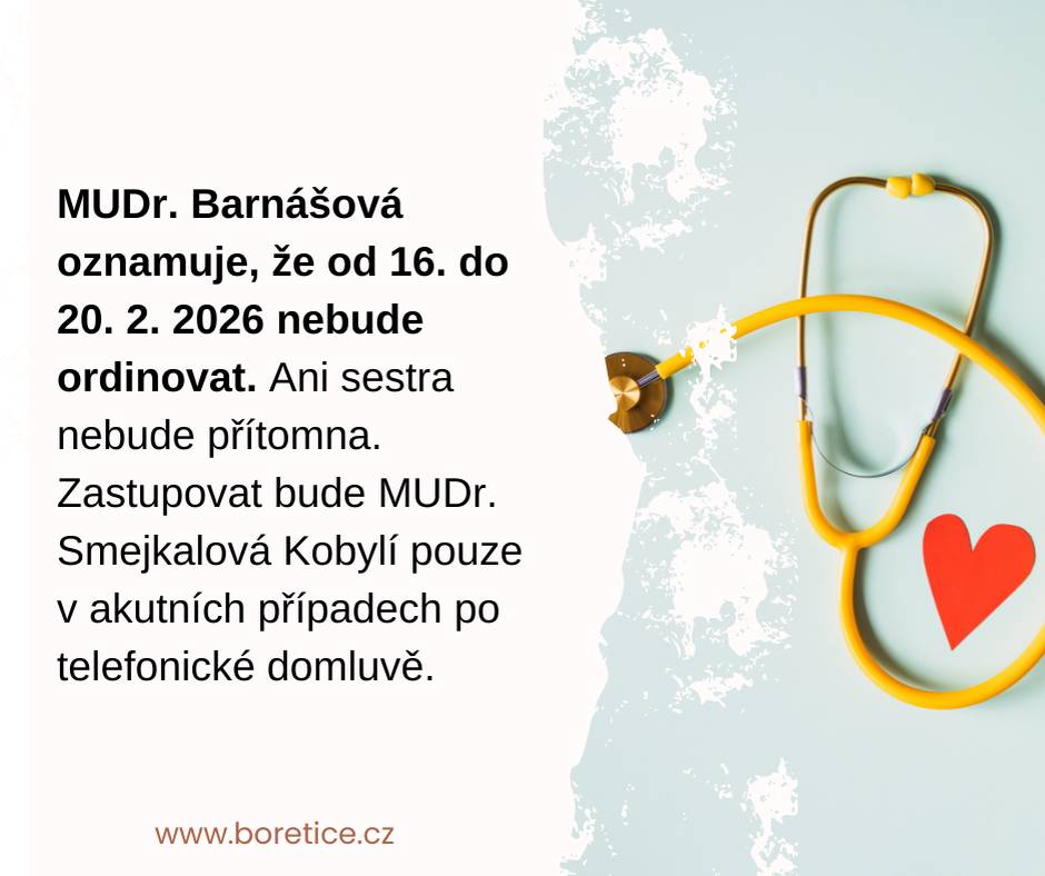 Oznamujeme občanům, že příští týden má paní doktorka Barnášová dovolenou.
