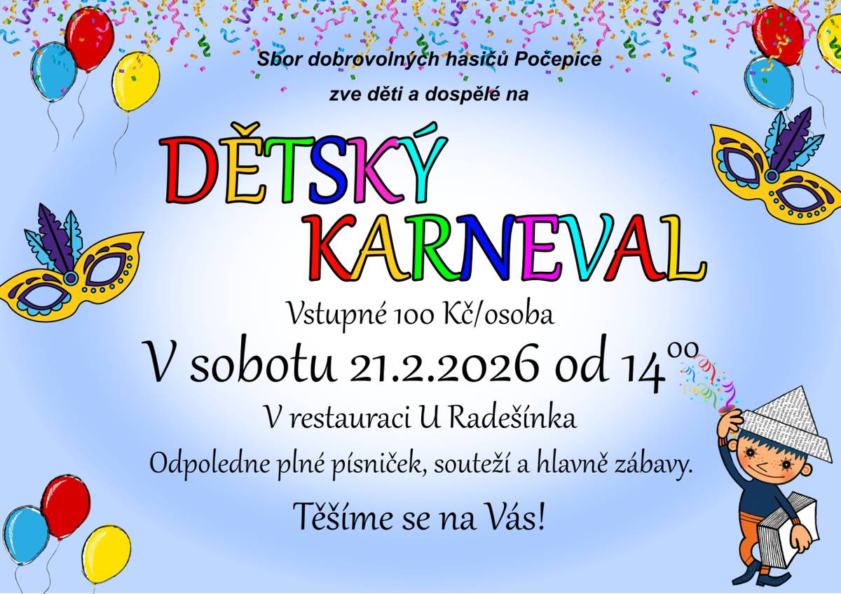 SDH Počepice zve na DĚTSKÝ KARNEVAL 21.2.2026 od 14:00h
