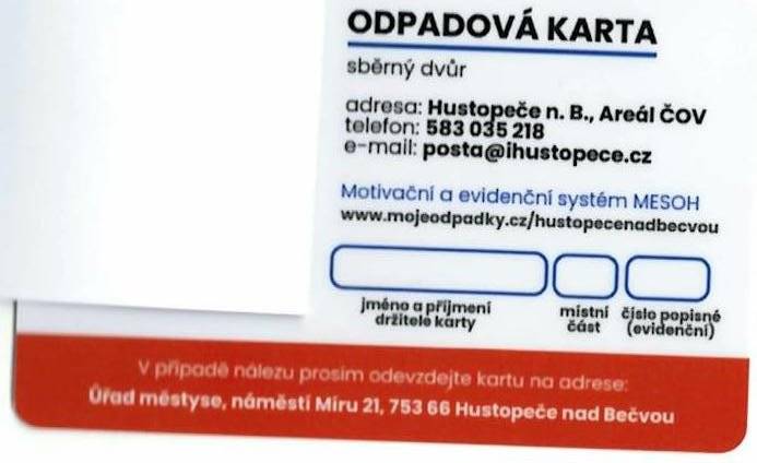 Odpadovou kartičku do sběrného dvora si budete moct vyzvednout v sobotu 14.2.2026 od 8 do 11 hod. ve sběrném dvoře Hustopeče nad Bečvou.