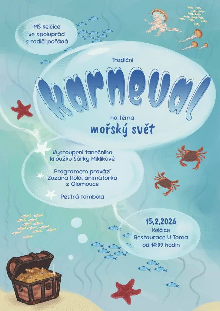 MŠ Kelčice ve spolupráci s rodiči pořádá karneval, který se uskuteční 15.02.2026 od 14:00 h.