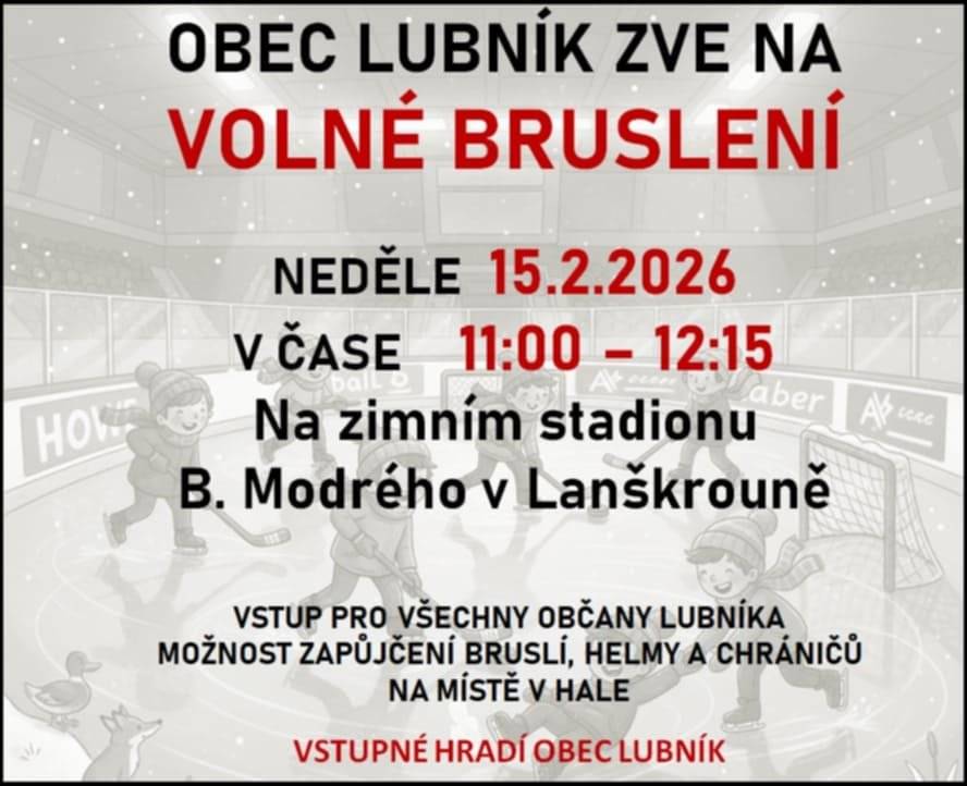 Zveme občany naší obce na volné bruslení. Neváhejte využít rezervované ledové plochy dnes od 11:00.