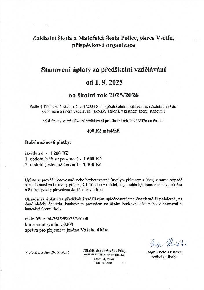 Stanovení úplaty na školní rok 2025/2026.