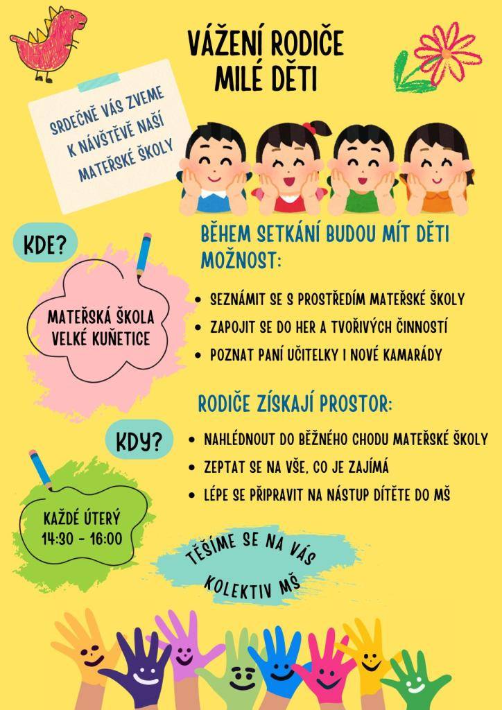 Srdečně Vás zveme k návštěvě Mateřské školky Velké Kunětice  každé úterý 14.30.-16.00