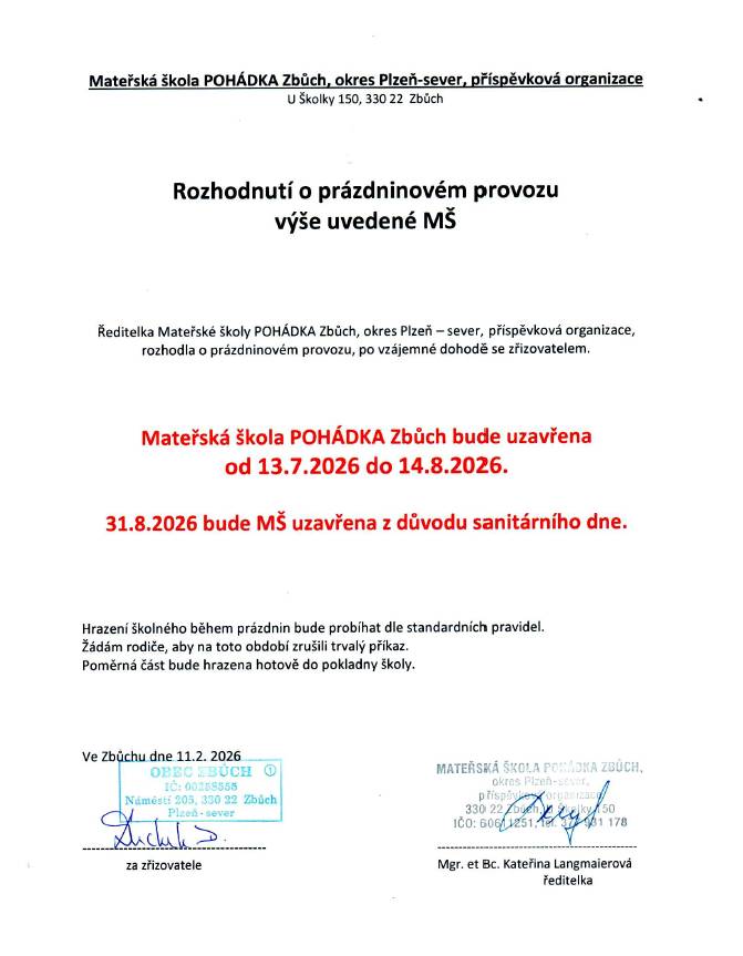 Provoz MŠ o letních prázdninách