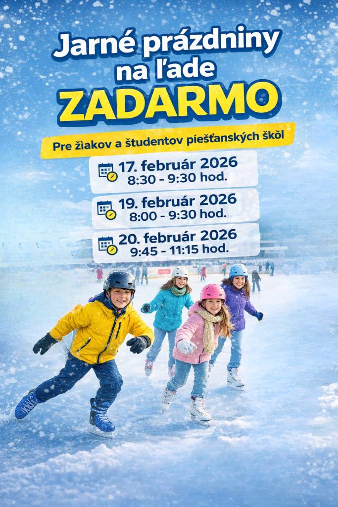 Počas jarných prázdnin pripravilo Mesto Piešťany pre žiakov a študentov piešťanských škôl bezplatné korčuľovanie na zimnom štadióne. Okrem vyhradených ranných termínov budú počas celého týždňa k dispozícii aj časy verejného korčuľovania pre širokú verejnosť.