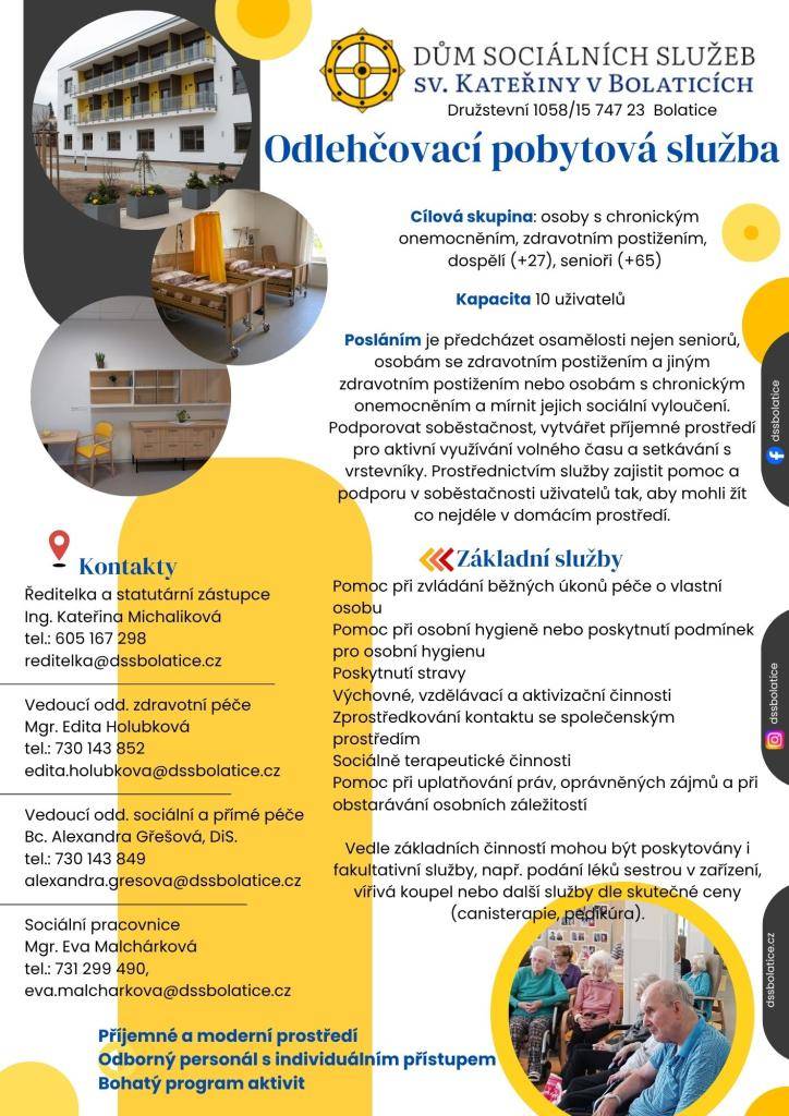informační leták k možnosti využití Odlehčovací pobytové služby v Domě sociálních služeb sv. Kateřiny v Bolaticích