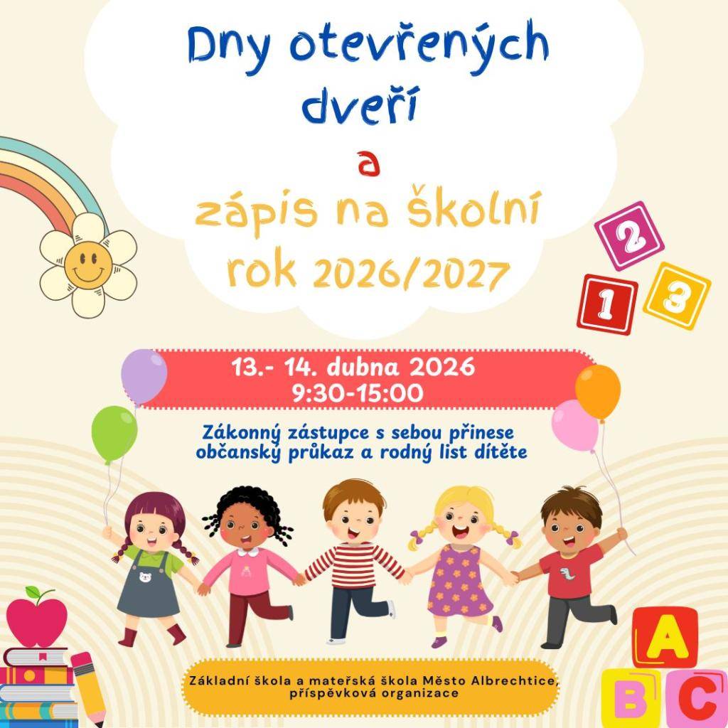 Základní škola a mateřská škola Město Albrechtice zve na Dny otevřených dveří spojené se zápisem do školky pro školní rok 2026/2027. Zápis se koná 13. a 14. dubna v čase od 9:30 do 15:00 hodin v budově mateřské školky.