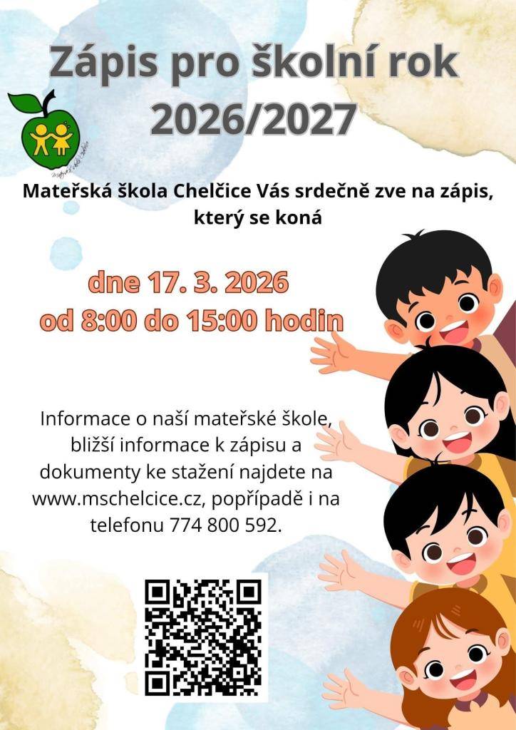Mateřská škola Chelčice srdečně zve rodiče a jejich děti na zápis, který se koná ve čtvrtek 17. března 2026 od 8:00 do 15:00 hodin. Na webových stránkách školy naleznete podrobné informace o škole a dokumenty ke stažení.