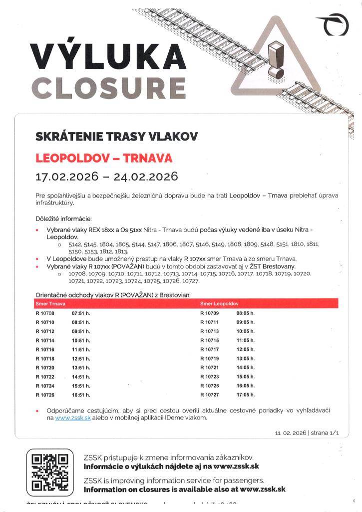 Od 17. do 24. februára 2026 prebieha na trati Leopoldov – Trnava úprava infraštruktúry, ktorá ovplyvní vybrané vlaky. Cestujúci by mali skontrolovať aktuálne cestovné poriadky.