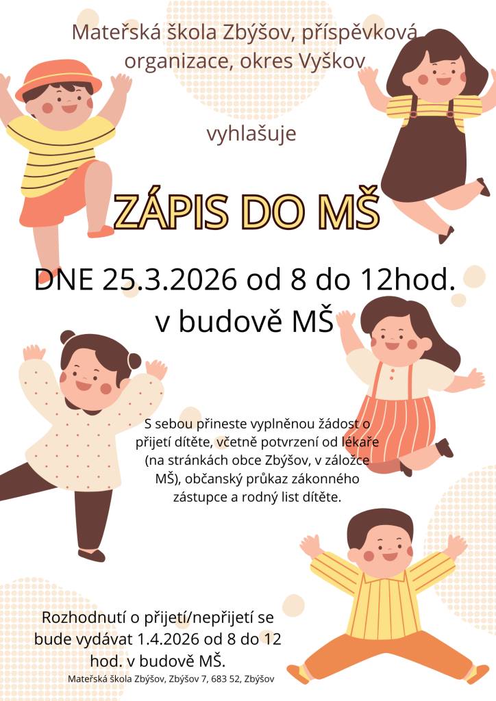 Datum konání: pondělí 25.3.2026  od 08.00 do 12.00 hodin v budově MŠ