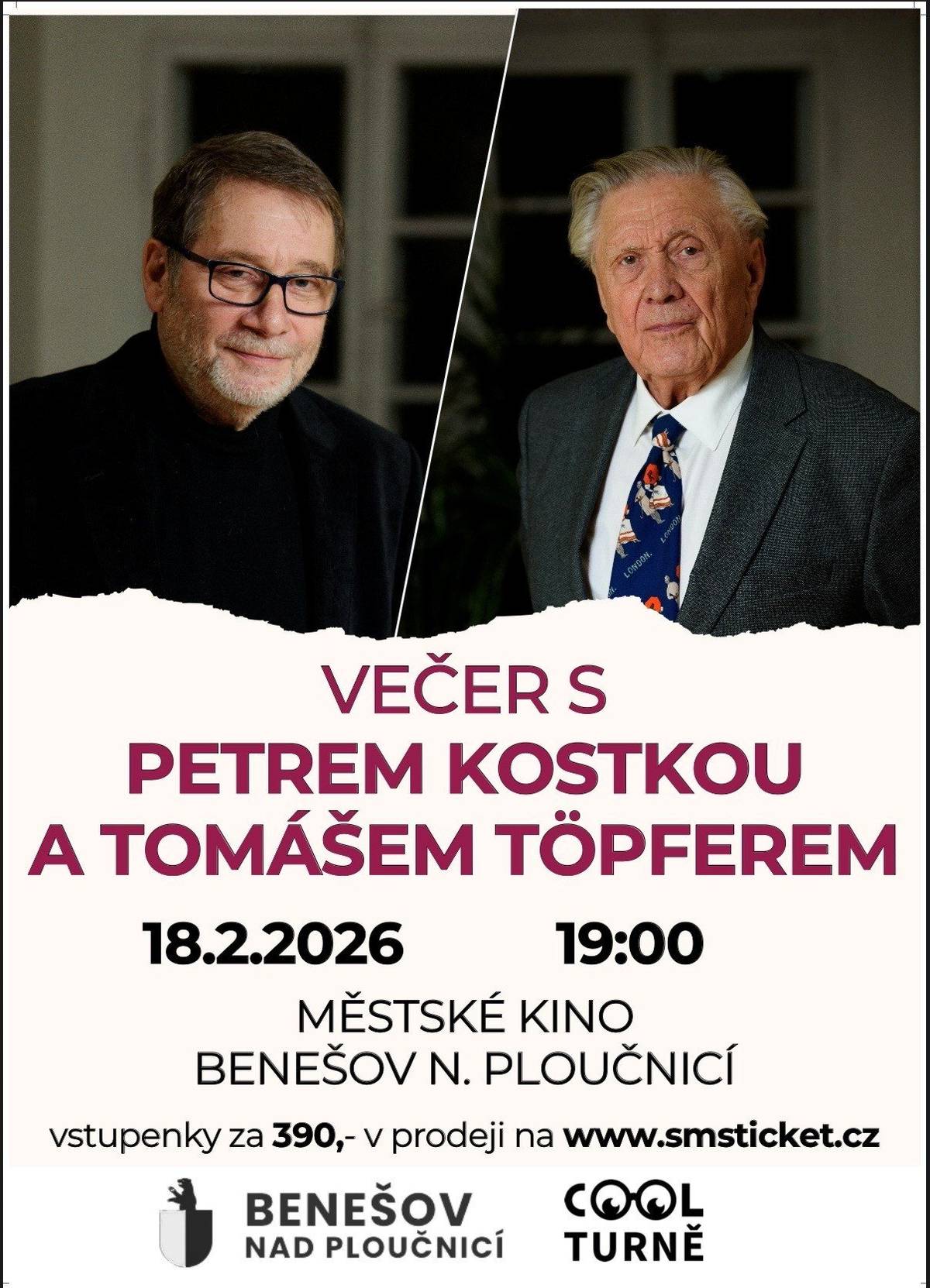 Petr Kostka a Tomáš Töpfer, dva vynikající herci, kteří se těší na setkání s vámi. Jejich smysl pro humor i improvizační schopnosti jsou diváky přijímány doslova s nadšením.Místo:Městské kino Benešov n.Pl., středa 18.02.2026; začátek v 19 h; vstupné 390 Kč.