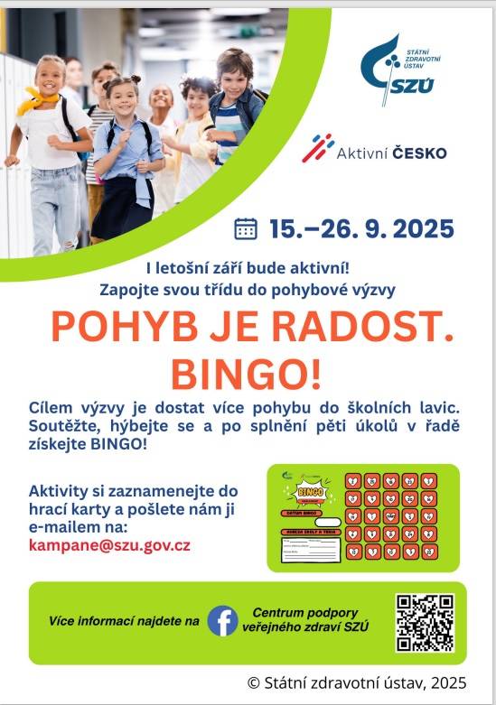 Naše škola se v rámci projektu Centra podpory veřejného zdraví Státního zdravotního ústavu zapojuje do pohybové výzvy na měsíc září. Cílem projektu je podpořit každodenní pohybovou aktivitu dětí ve školním prostředí jednoduchým a hravým způsobem.