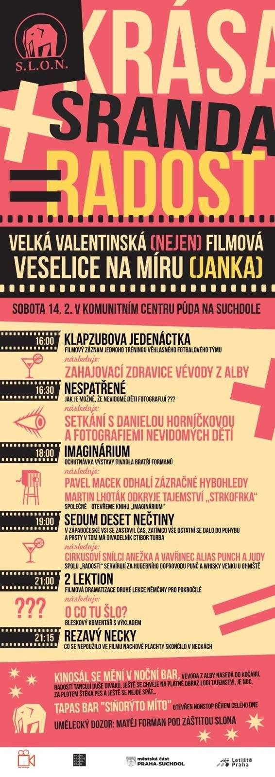 Festival SLON ve spolupráci s KC Půda vás srdečně zvou na VELKOU VALENTINSKOU (NEJEN) FILMOVOU VESELICI NA MÍRU (JANKA), která se koná v sobotu 14. února. V 16 hodin bude výkop dnešního programu s Klapzubovou jedenáctkou. Pak uvidíte Nespatřené a spoustu dalšího i to, co jinde neuvidíte... více se dozvíte na přiloženém plakátu. Jste srdečně zváni!