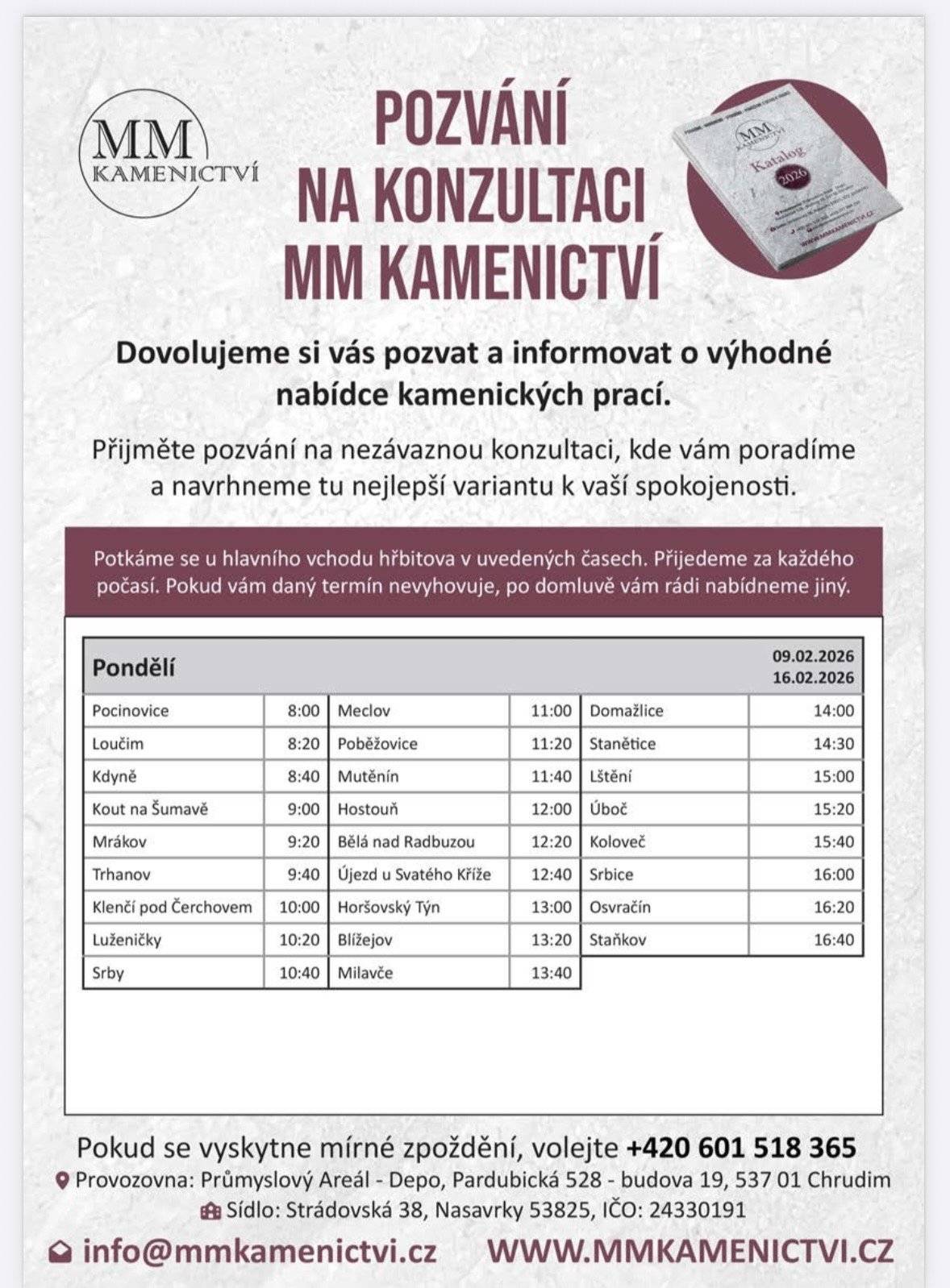 Pozvání na konzultaci MM KAMENICTVÍ, která se koná 16.2.2026 v 12:00 hodin na hřbitově v Hostouni.