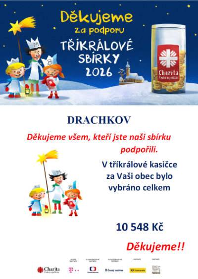 Obec obdržela poděkování občanům za podporu Tříkrálové sbírky. V Drachkově bylo vybráno přes 10548,- Kč. Dopis s poděkováním od Charity je dále v příspěvku.