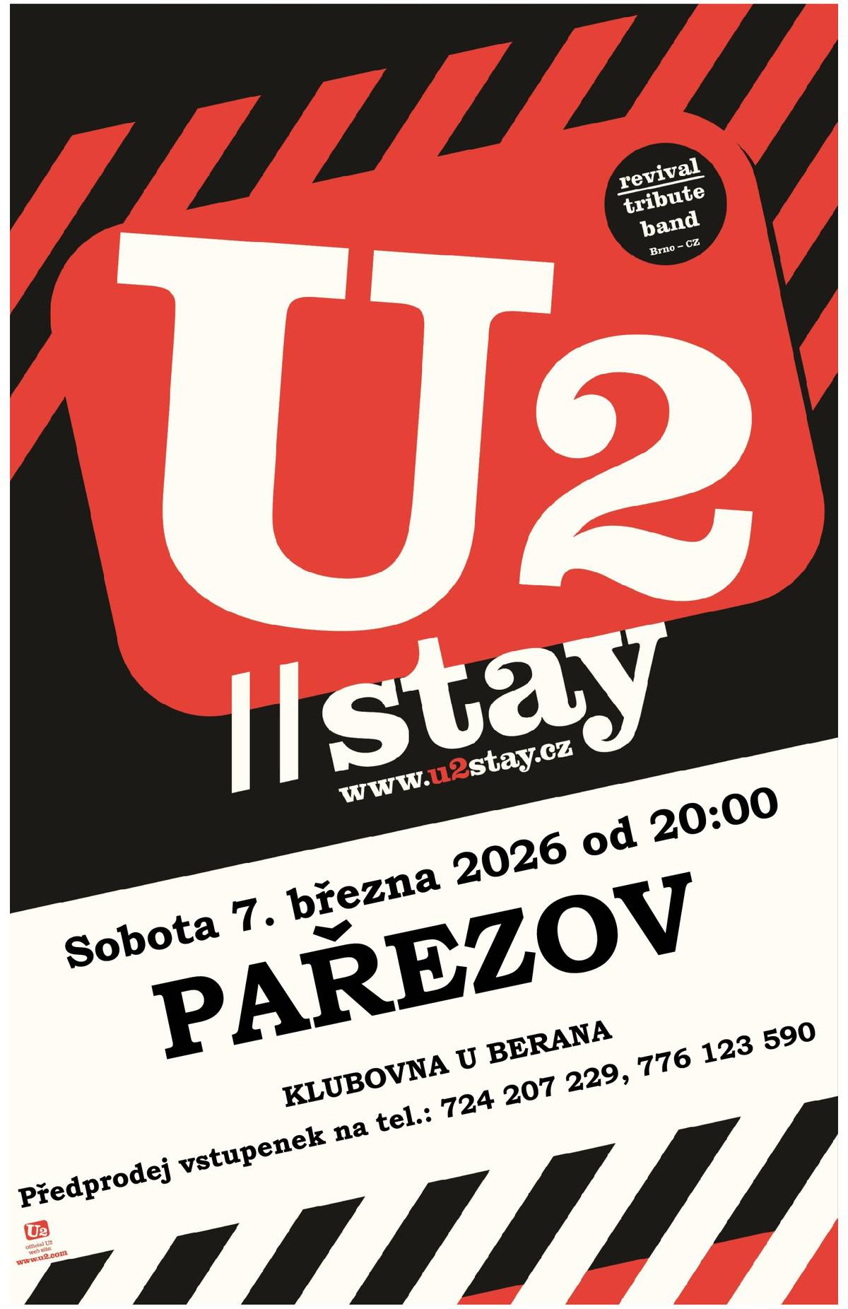 Zdravím vás a zvu všechny na zábavu k MDŽ, v sobotu 7.3.2026 od 20 hod.v místním sále. Opět po roce a čtvrt zazní písně legendární irské kapely U2 v podání kluků z Moravy - U2 Stay. Kdo má zájem o vstupenky, pošlete mi SMS do pátku 20.2.2026 (cena 270,-Kč). Zbytek dáme do předprodeje. Díky, Pavel K.