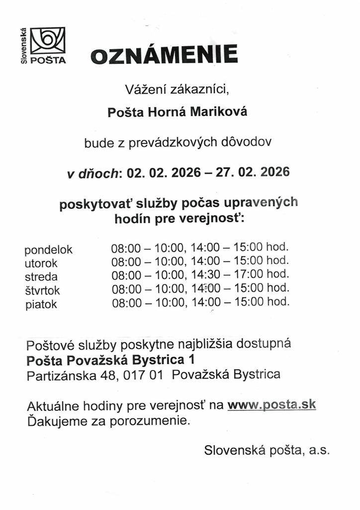 Zmena prevádzkových hodín pre verejnosť od 02.02.2026-27.02.2026