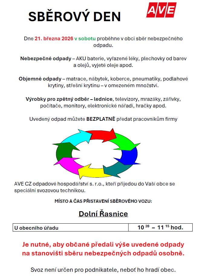 Dne 21. března 2026 v sobotu proběhne v obci sběr nebezpečného odpadu.