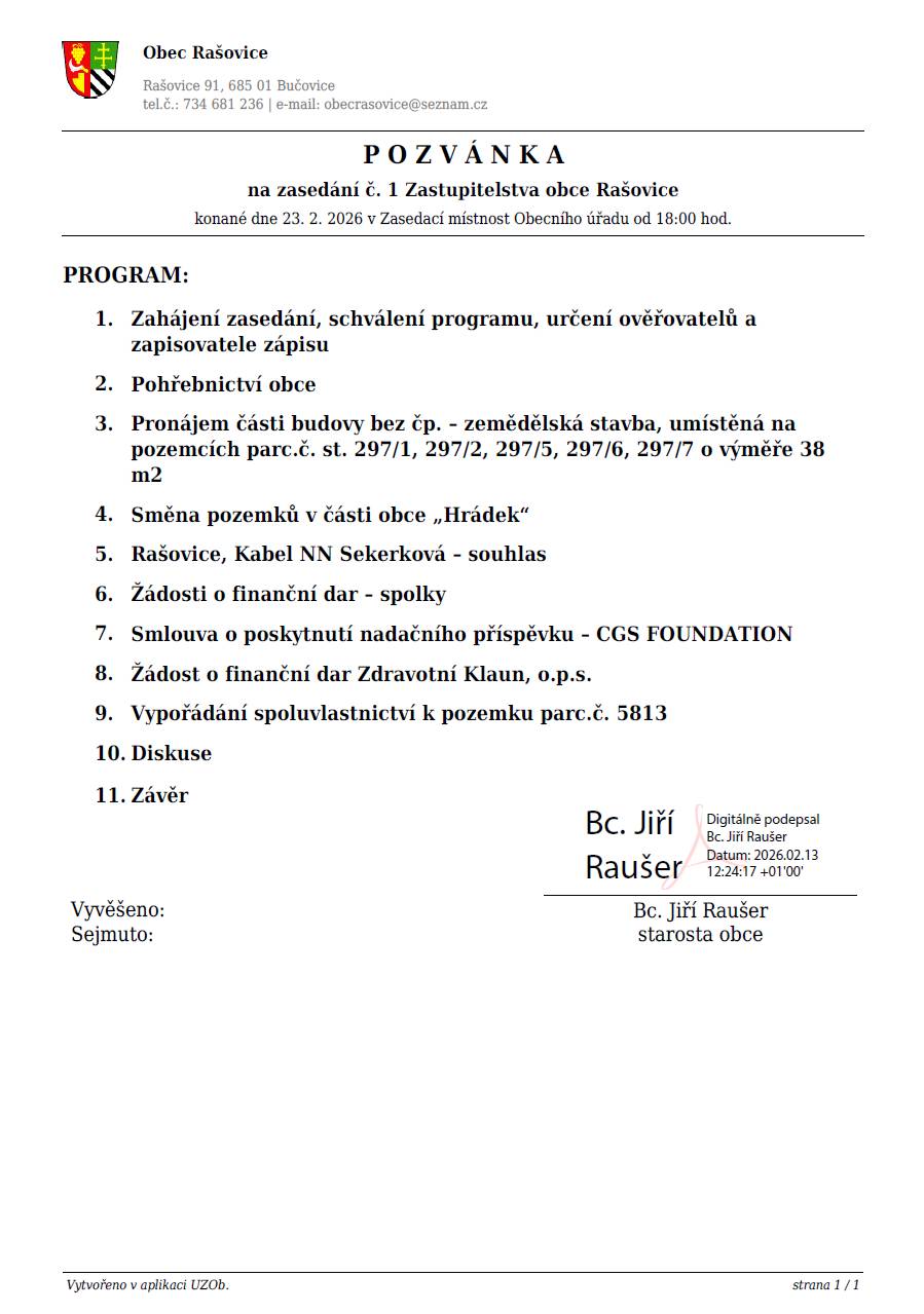 Zveme všechny občany na veřejné zasedání Zastupitelstva obce Rašovice.