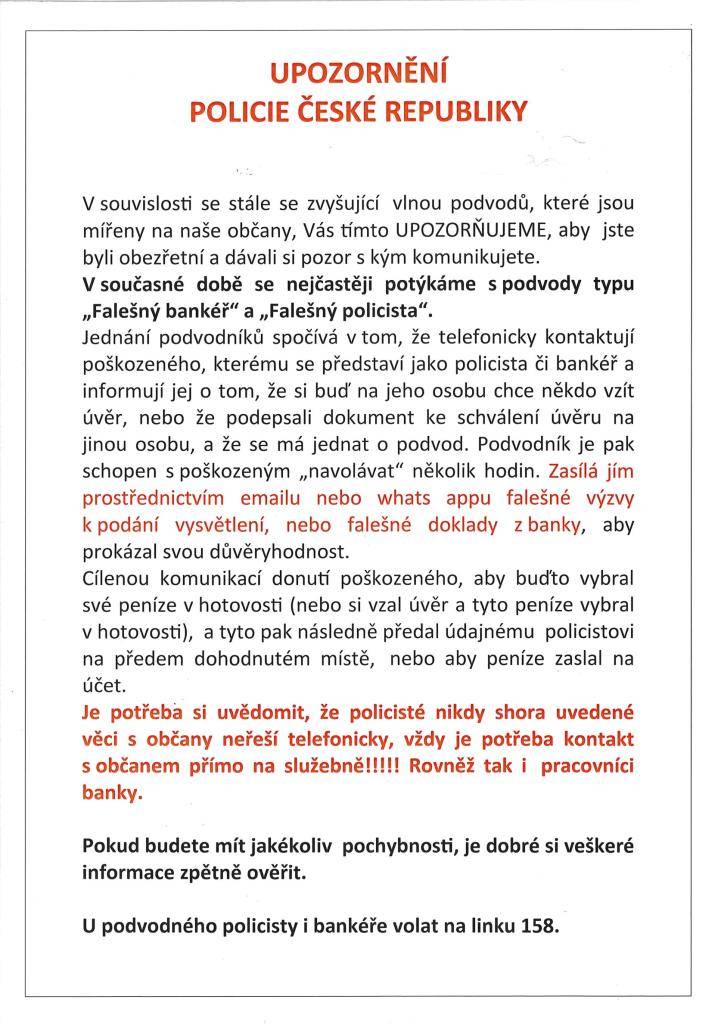 Upozornění na podvody typu „Falešný bankéř“ a „Falešný policista“.