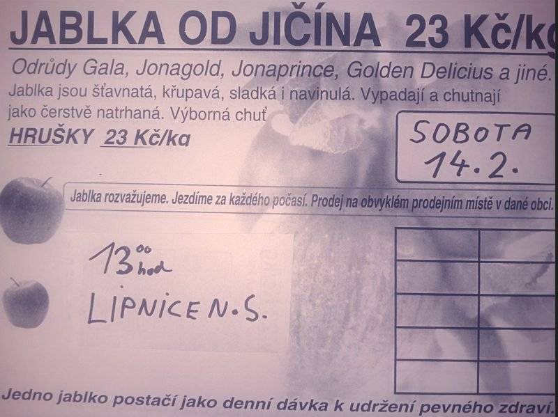 V sobotu 14.2. ve 13:00 hodin se na lipnickém náměstí uskuteční prodej českých jablek a hrušek. Prodej potrvá půl hodiny.  Kontakt na prodejce: tel. 721-108-586