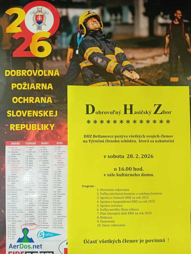 Pozvánka na výročnú členskú schôdzu DHZ Betlanovce dňa 28.2.2026