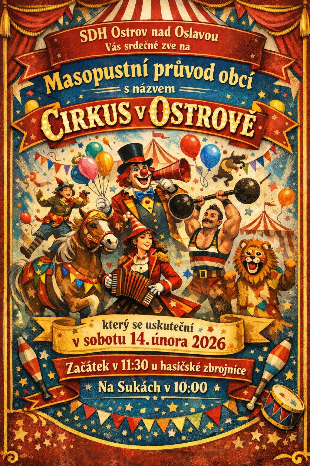 SDH Ostrov n.O. Vás srdečně zve na Masopustní průvod, který se uskuteční v sobotu 14.2.2026.