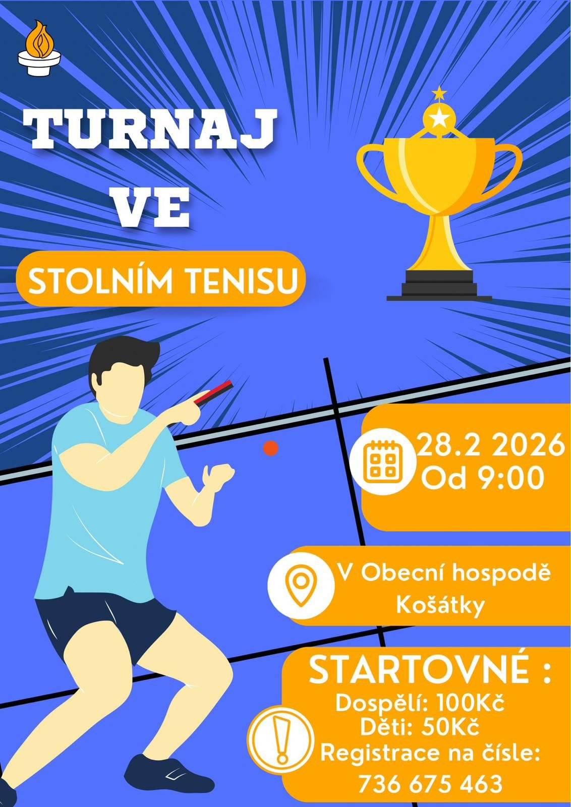Zveme Vás na sporotovní den do Obecní hospody.  Turnaj se koná dne 28.2. od 9:00 Registrace na tel.čísle 736 675 463  Startovné: dospělí 100,- Kč, děti 50,- Kč