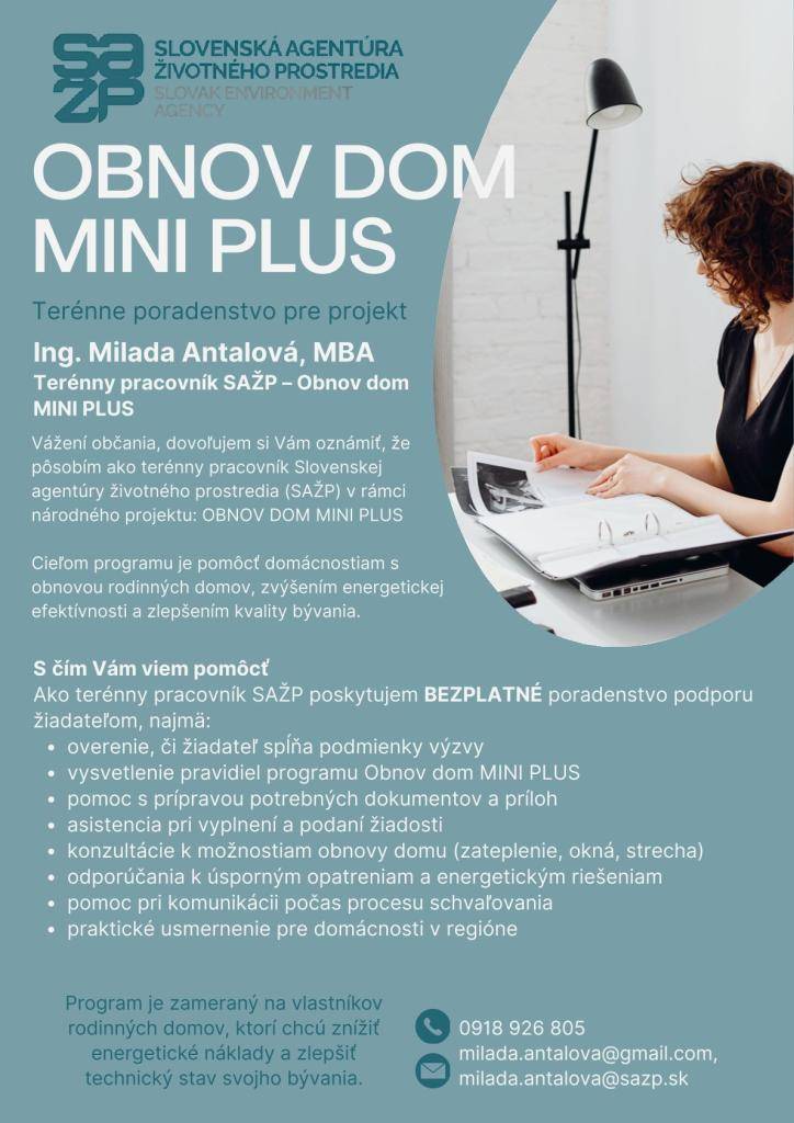 Slovenská agentúra životného prostredia ponúka bezplatné poradenstvo pre domácnosti v rámci projektu Obnov dom MINI PLUS. Pomôžte si so zvýšením energetickej efektívnosti a zlepšením kvality bývania.