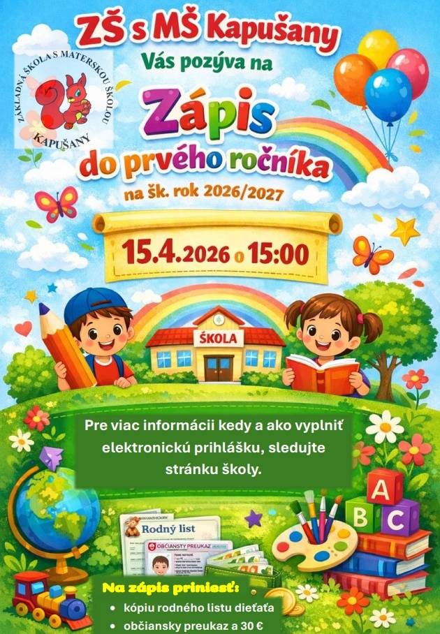ZŠ s MŠ Kapušany - Oznámenie o zápise do 1. ročníka