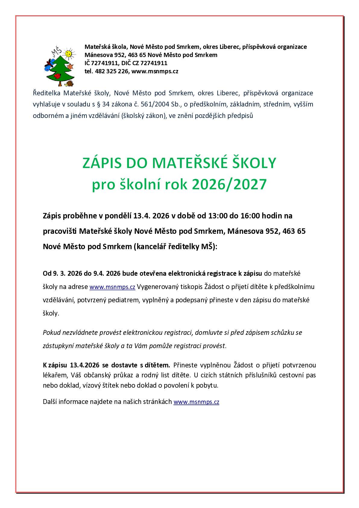 Mateřská škola Nové Město pod Smrkem