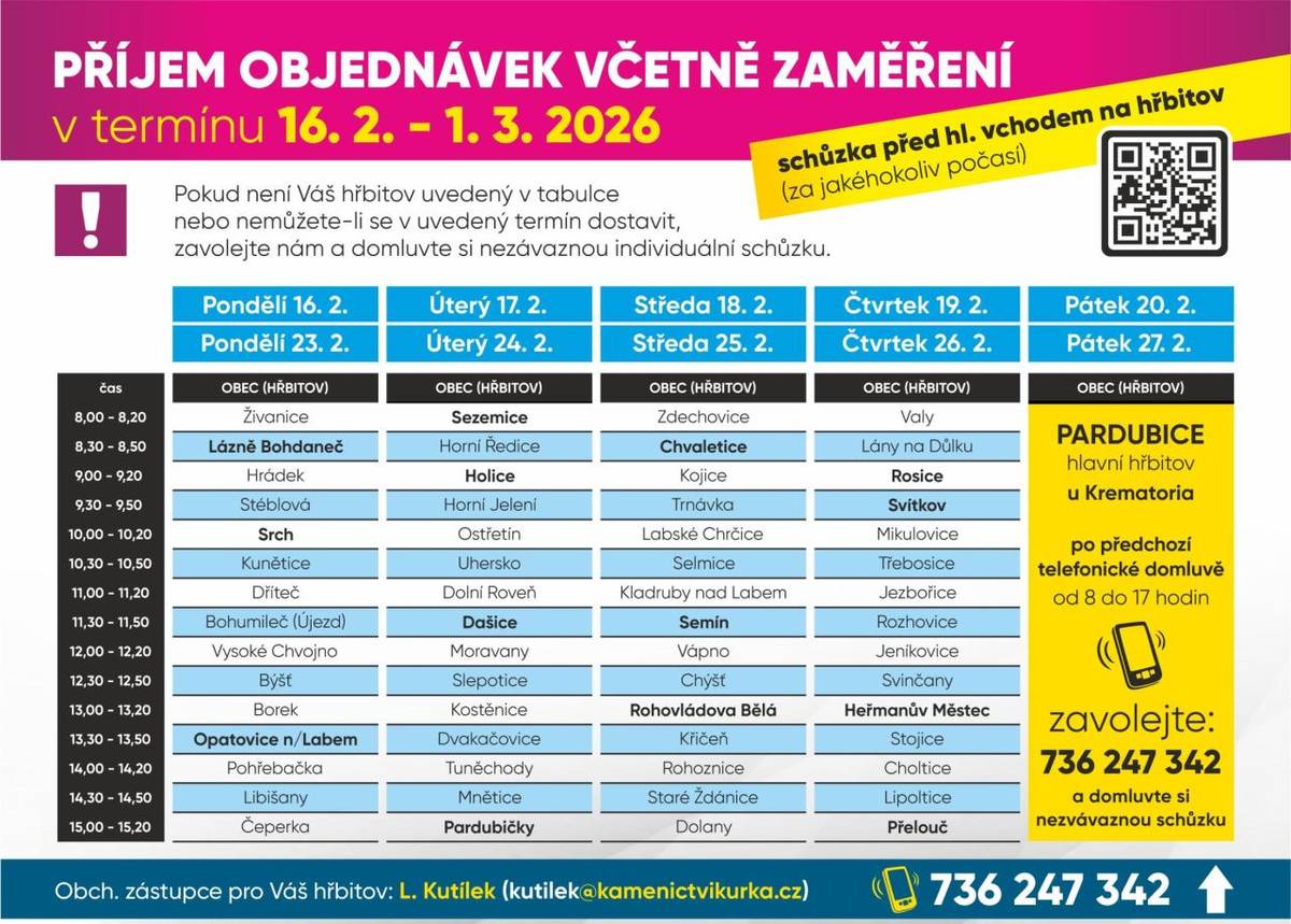 Kamenictví Kůrka bude ve středu 18.2 a poté 25.2. v 11:00 - 11:20 na hřbitově v Kladrubech nad Labem přijímat objednávky k opravám hrobů a poskytovat veškeré kamenické práce (opravy písma, hřbitovní doplňky, čištění hrobů, krycí desky atd.)