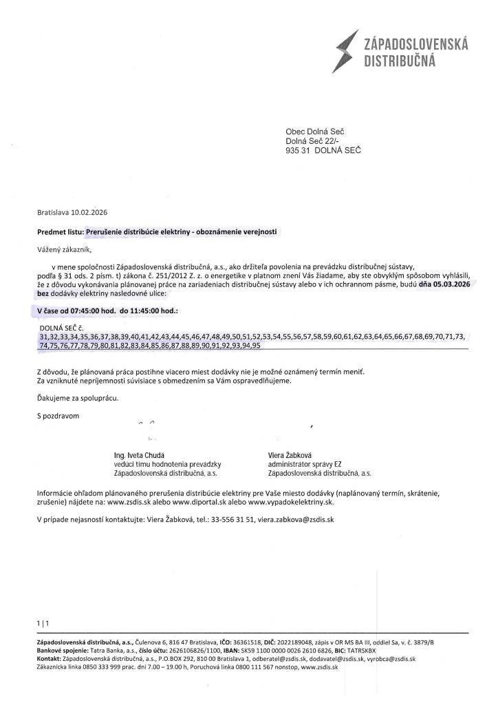 Prerušenie distribúcie elektriny 05.03.2026