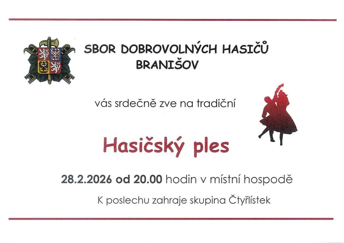 SDH Branišov vás srdečně zve na Hasičský ples dne 28.2.2026 od 20.00 hodin do branišovské hospody.