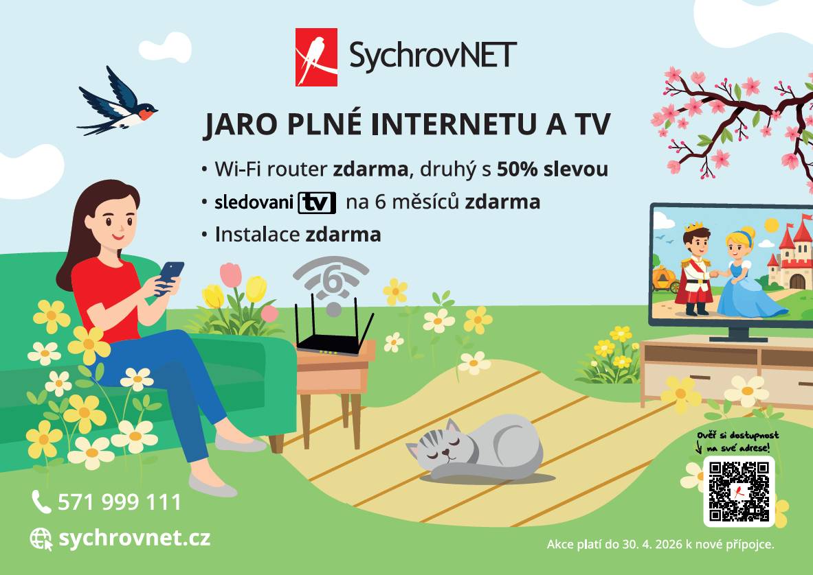 - Wi-Fi router zdarma, druhý s 50 % slevou  - sledování TV na 6 měsíců zdarma  - instalace zdarma  tel. 571 999 111 sychrovnet.cz