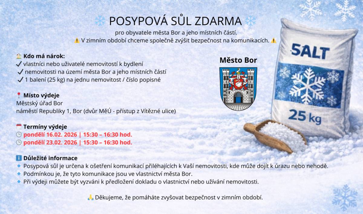Posypová sůl zdarma pro obyvatele města Bor a jeho místních částí.  Výdej dne 16.02. a 23.02.2025