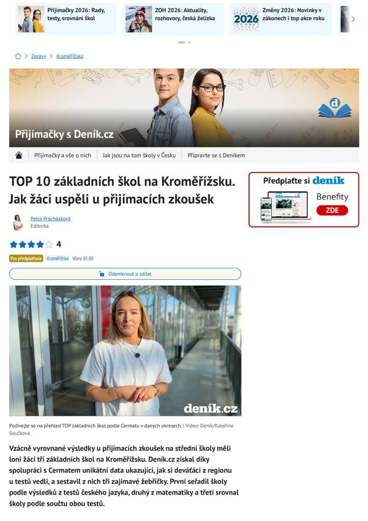 Skvělého úspěchu dosáhli žáci ZŠ Kvasice při přijímacích řízeních na střední školy - v matematice byli na druhém místě, celkově se pak umístili na třetím místě ze všech základních škol v okrese Kroměříž.