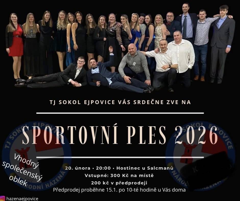 Srdečně Vás zveme na Sportovní (házenkářský) ples, který se uskuteční v pátek 20. února 2026 od 20:00 v sále U Salcmanů v Ejpovicích.